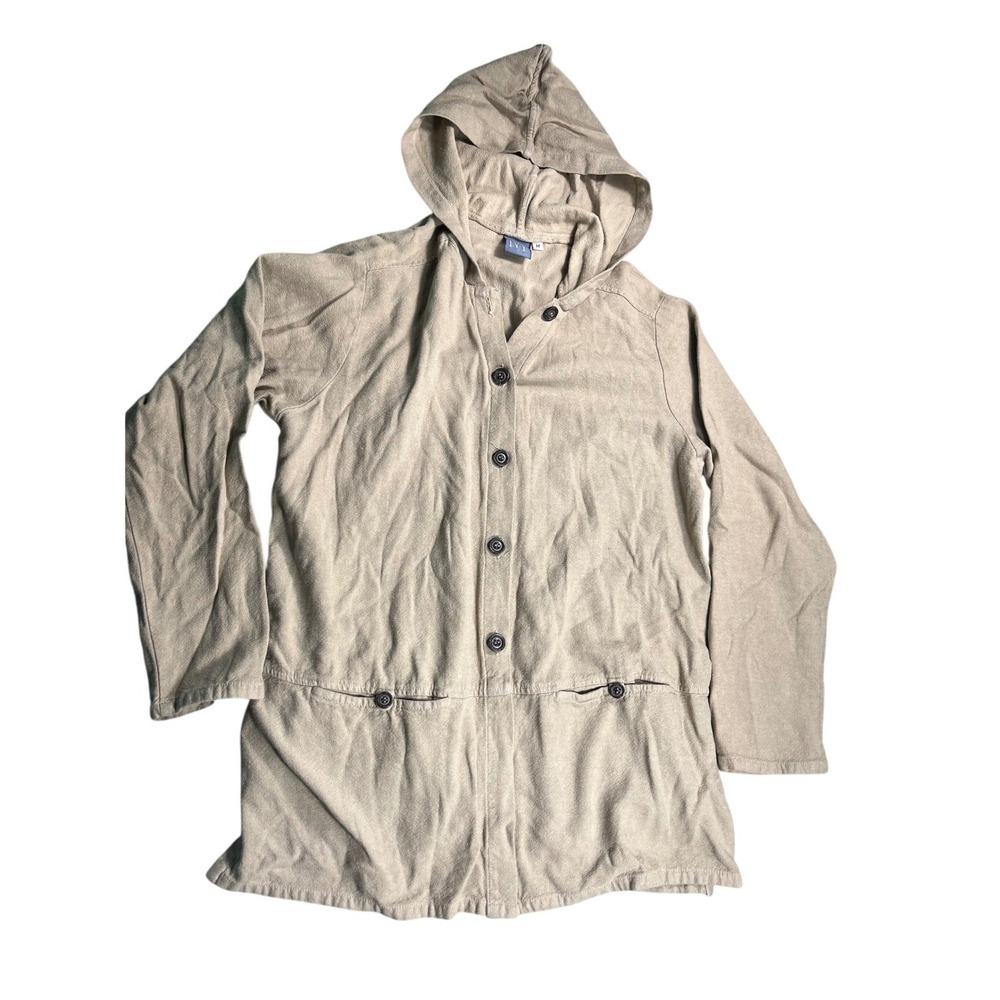 IVY Hooded Tunic Jacket Medium Taupe Button Front Made in USA Lagenlook
